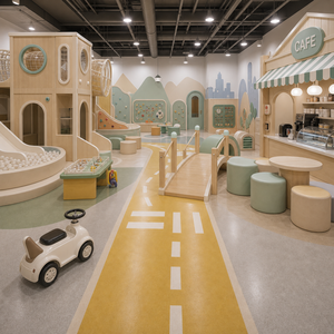 Progettazione di parchi giochi commerciali al coperto con pista per <span class=keywords><strong>auto</strong></span> beige, area gioco a tema villaggio, strada per cavalcate e mini scivolo per proprietari di FEC - Product Image 2