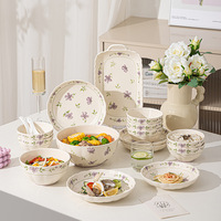 Ensemble de bols et plats en céramique haut de gamme, motif végétal de style japonais, compatible micro-ondes, couleur violet sous glaçure, pour la vaisselle domestique