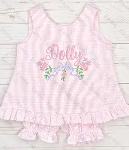 Monograma de Páscoa Pink Gingham Popover Set primavera roupa do bebê meninas bloomer conjuntos da menina sunsuit
