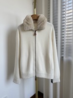 Pull cardigan en cachemire vintage d'automne LP Consaini avec col en fourrure de lapin amovible à capuche, fermeture éclair en laine tricotée