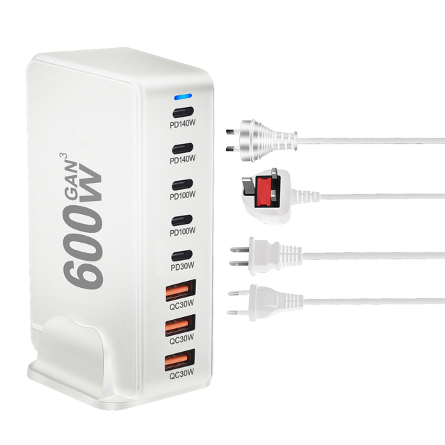 Factory Wholesale 600W GaN Desktop Charger 8 Port USB C PD3.1 Fast Charging Station 140W Power Adapter for Laptop Phone OEM ODM
