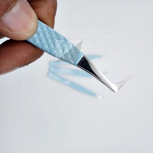 Pinzas de extensión de pestañas de acero inoxidable sostenibles japonesas tipo L Azul Aguamarina profesional de alta calidad agarre de diamante personalizado - Product Image 5