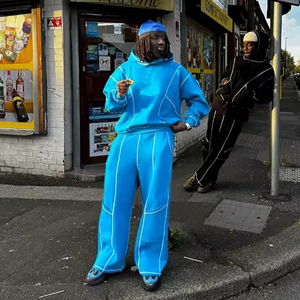 ชุดวอร์มแบบลำลองสำหรับผู้ชาย ชุดจ็อกเกอร์ทรงหลวม ดีไซน์เย็บตัดสีสไตล์ Y2K เสื้อฮู้ดผ้าเฟรนช์เทอร์รี่แบบสวมหัว กางเกงขายาวผ้าหนา - Product Image 4