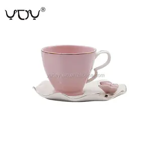 粉色蝴蝶定制印花现代陶瓷廉价散装中国茶杯和茶碟与礼品盒