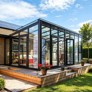 Pergola en aluminium gris foncé à <span class=keywords><strong>toit</strong></span> <span class=keywords><strong>plat</strong></span>, véranda avec mur partiel en verre, <span class=keywords><strong>toit</strong></span> à persiennes, pour jardin, abri en verre extérieur résistant aux intempéries - Product Image 4