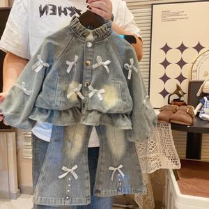 New Style Girls' Denim Fleece-<b>lined</b> Set Slightly Stretchy Flared <b>Jeans</b> Two-piece Trendy Set Girls Clothing Set - Product Image 2