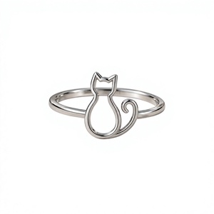 Anillo de Plata de Ley 925 con Baño de Rodio, Diseño de Gato, Banda Abierta, Silueta Animal, Anillo Fino Romántico y Moderno para Mujer, Joyería de Regalo - Product Image 2