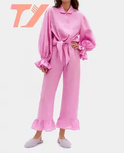 TUOYI Custom Plain Blank Long Pyjamas 100% Cotton and linen Hemp fabric Pajamas Sleep Wear Women Pajamas Set
