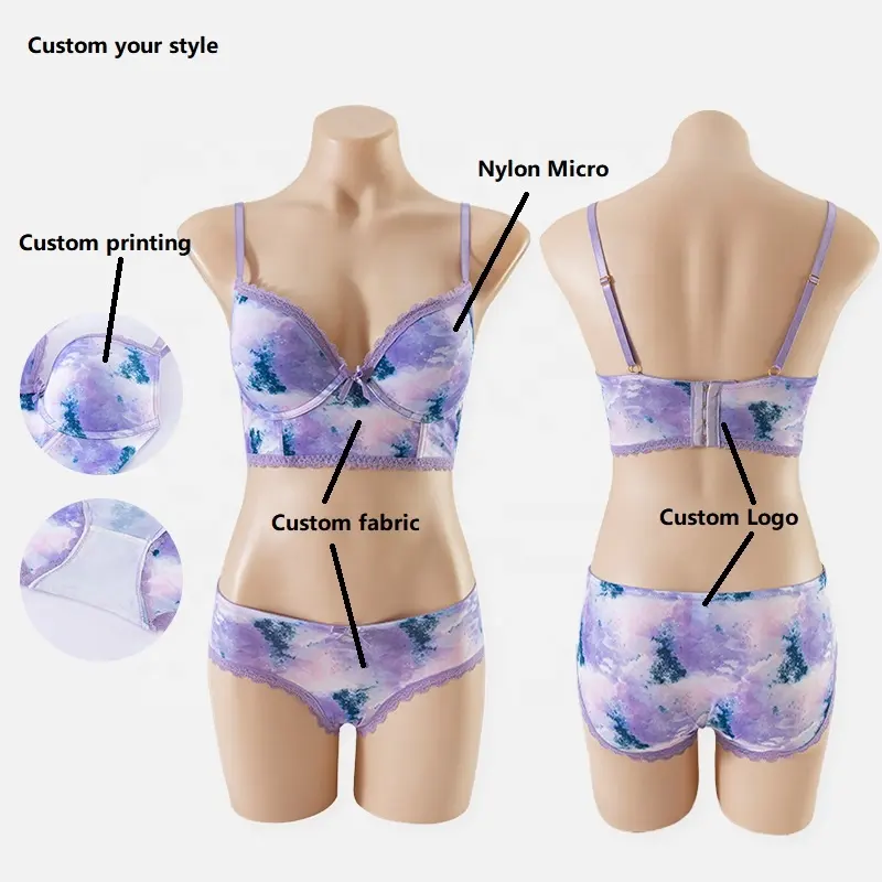 Customized underwear Push-Up Nylon Microfiber Bra Sets Ink Print And Lace Trim Longline Bra panty and bra set for women