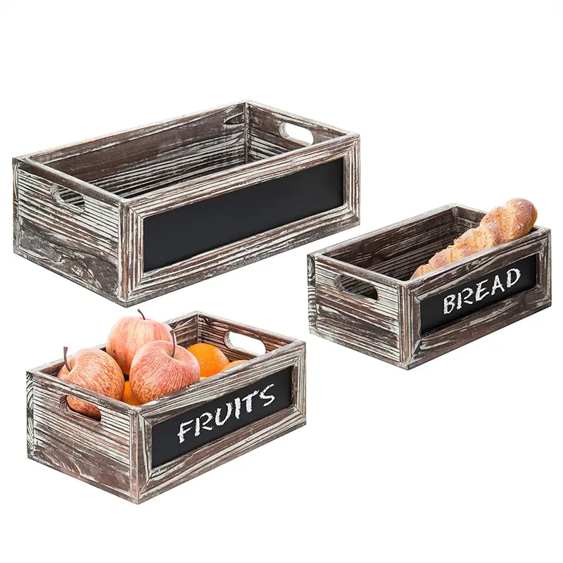 Vente en gros ensemble personnalisé de 3 conteneurs de stockage de légumes rustiques caisse en bois avec poignée et tableau noir