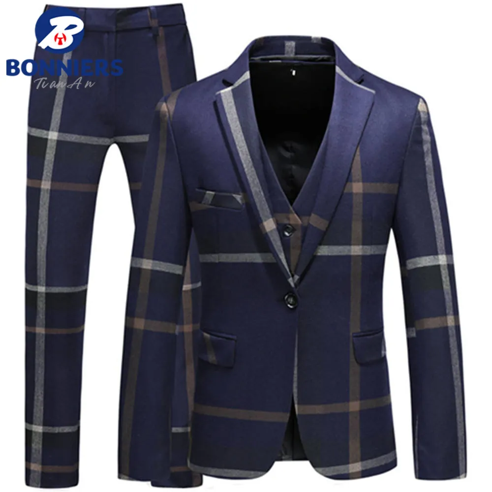 Plaid Blazers Coat 3 Pieces Sets Casual Men Slim Fit Blazer Pant Vest Suit High Quality Fashion Grid Business Groom Wedding