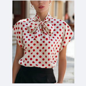 5606 #   Chemisier élégant à pois avec nœud papillon et manches chauve-souris vintage pour <span class=keywords><strong>femme</strong></span> – Haut décontracté intemporel à pois pour le bureau - Product Image 2