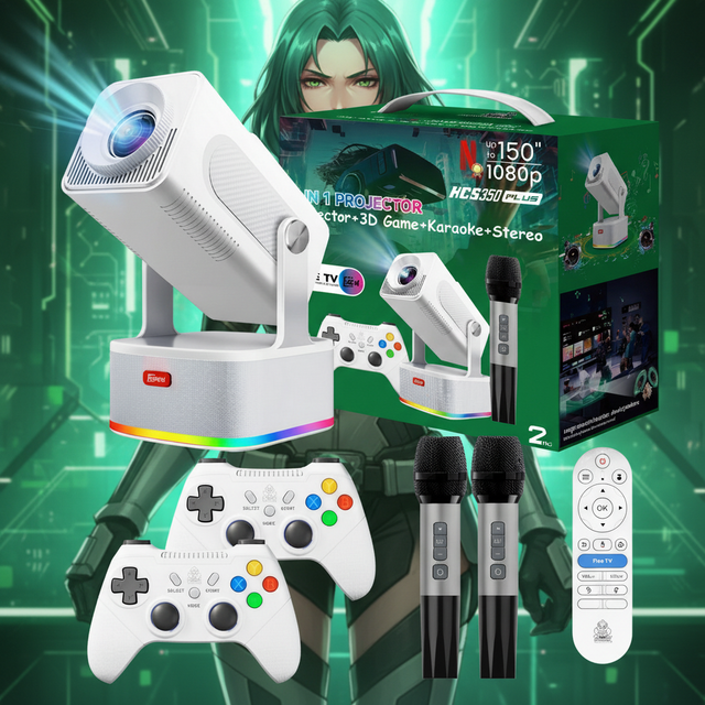 LR HCS350 Plus 4-in-1 4K LCD LED Rechargeable Portable Gaming Projector 450 Lumens 2G 8GB Storage Android 11 5.0 Auto-Zoom 3D