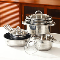 Ensemble de 12 casseroles en acier inoxydable avec couvercles en verre, compatibles induction, pour usage hôtelier et professionnel