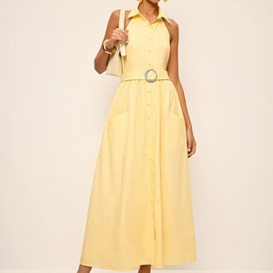 Customizable Vintage Strappy Women's Dress Retro Style Halter Neck Backless Shirt Dress with <b>Belt</b> Maxi Dress - Product Image 1