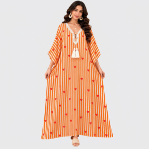 Robe Kaftan Longue Modeste pour Femme, à Rayures Orange et Cœur, Col en V, Manches Mi-Longues - Product Image 1