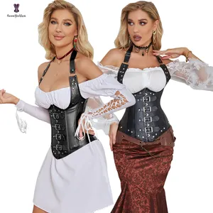 Sexy Shaper Steel Boned Steampunk Goth Halter Leather Bustier Corset Party Costumes Solid Adjustable Vest