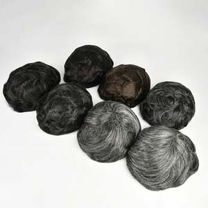 Super dünne handgemachte indische Haar perücke für Herren Weiches Toupee mit grauem PU-Haars ystem Natürliche Kapillar prothese - Product Image 6
