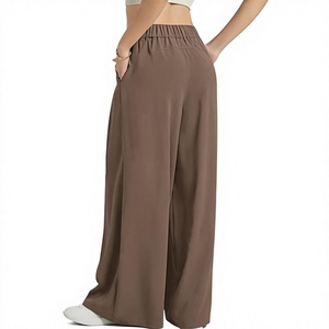 Pantalones Anchos de Cintura Alta para Mujer, Color Sólido, Corte Holgado, Largos, Tela Crepé, Transpirables, Casuales, Color Marrón - Product Image 2