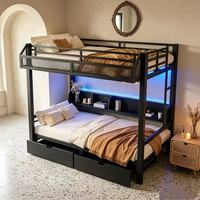 Lit superposé robuste best-seller avec rangement et éclairage LED, lit escamotable, cadre de lit superposé avec ports USB et étagères - Noir