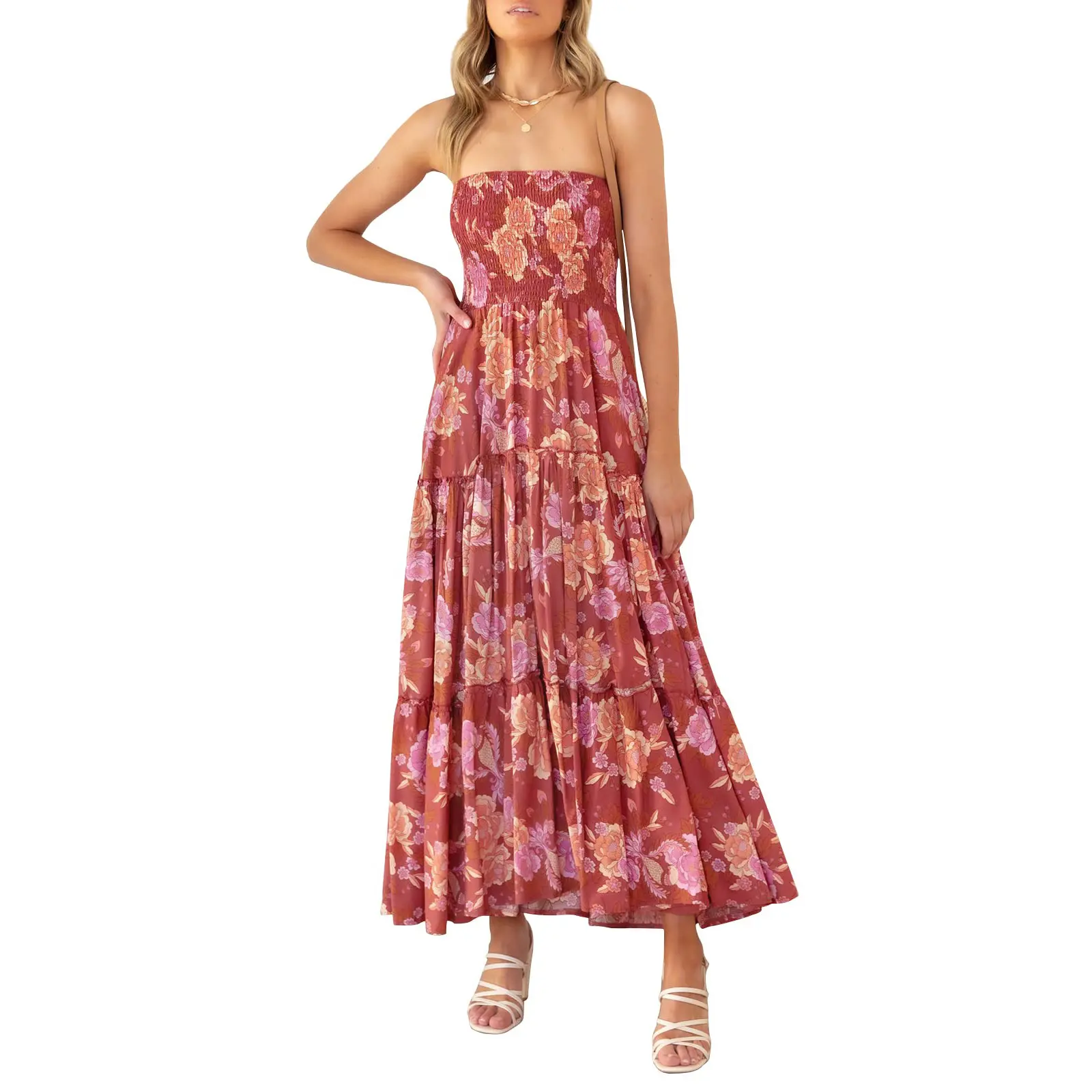 Women's 2023 Summer Chiffon Bohemian Floral Printed Strapless Sleeveless Beach Party Long Maxi Dress