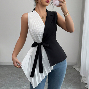 เสื้อเชิ้ตผูกเอวแบบอสมมาตรคอวีสีบล็อกสำหรับผู้หญิงแฟชั่น - Product Image 2