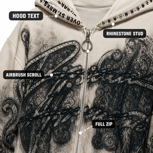Custom 500GSM Cotton Fleece Airbrush Scroll Rhinestone Stud <strong>Full</strong> Zip Distressed Oversized Cream Hoodie for Men Gothic Street - Product Image 2