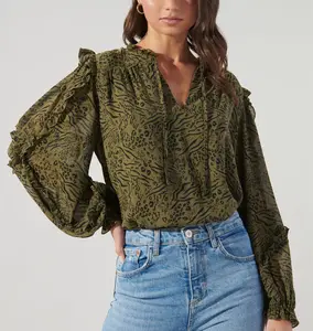 Custom Ladies Olive Leopard Green Ruffle Balloon Sleeve Chiffon Casual Blouse For Women's