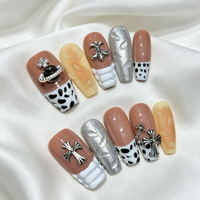 Ongles en forme de cercueil 3D, moyens, à bout français, motif vache, faits à la main, à presser, en ABS, 10 pièces, ensembles d'ongles en forme de cercueil 3D, moyens