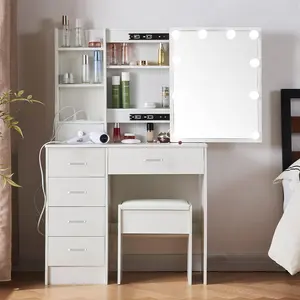 Ensemble de coiffeuse à miroir Bureau avec tiroirs Ampoules Led Tabouret et miroir Maquillage Mobilier moderne pour le maquillage