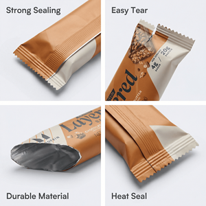 Sachets personnalisés imprimés de qualité alimentaire thermoscellables pour barres de céréales, barres protéinées, barres énergétiques, barres aux champignons, barres chocolatées, avec fermeture arrière et boîte - Product Image 3