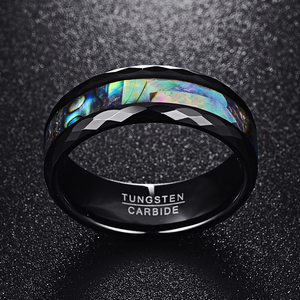 Anello da Uomo in Tungsteno con Bordo Sfaccettato Nero Placcato Sottovuoto da 8mm e Intarsio in Conchiglia di Abalone, Gioiello Regalo per Feste - Product Image 5