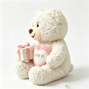 Oso de Peluche Blanco Rizado y Esponjoso Personalizado con Caja de Regalo con Lazo Rosa, Parche Bordado en el Pecho con la Frase LOVE U en Forma de Corazón Rosa, Sentado - Product Image 5