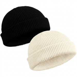 2026 Latest Unisex <b>Beanie</b> Hat 100% Acrylic Knitted Solid Color Casual Winter Cap for Adults 56-58CM Black and Cream <b>Beanie</b> Cap - Product Image 1