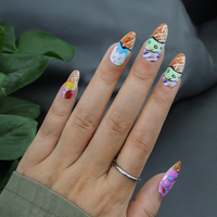 Uñas postizas artificiales de almendra con diseño de flor 3D y puntos negros, hechas a mano, de buena calidad, para dedos.