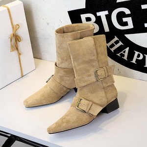 Bottines pour femmes en daim à bout pointu, style western rétro 2026, avec boucle de ceinture et talon épais - Product Image 6