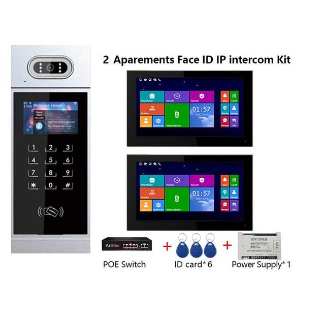 Face Recognition IP Video Intercom 7-inch Touch Screen Wired Hands-free Video Door Entry Phone System for 2 Apartments Multi