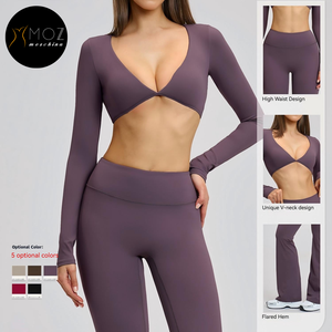 Ensemble de yoga évasé brossé pour femme - Haut à manches longues col en V et <span class=keywords><strong>leggings</strong></span> coupe <span class=keywords><strong>bootcut</strong></span> pour le Pilates et la course à pied - Tenue de sport personnalisée 2 pièces - Product Image 3