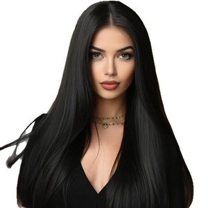 Perruque synthétique noire longue et droite Dm, 28 pouces, en fibre Kanekalon sans colle, pour toutes les formes de visage - Product Image 1