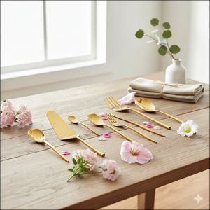 Ensemble de couverts écologiques en acier inoxydable doré quatre pièces avec assiettes blanches pour une utilisation classique lors de fêtes - Product Image 1