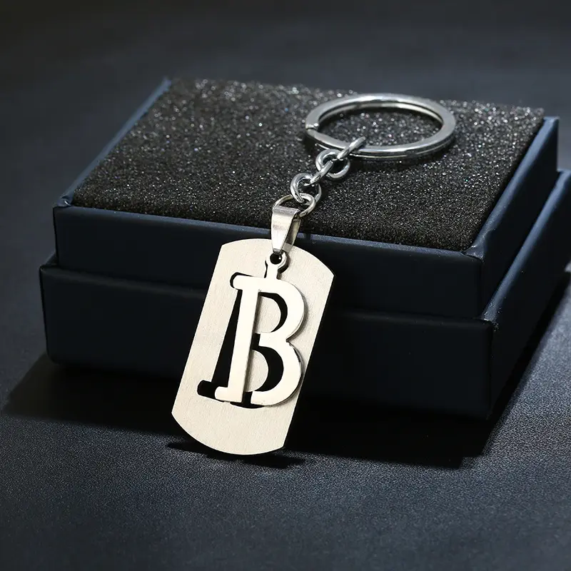 Alta qualidade oco letra chaveiro saco tag aço inoxidável personalizado alfabeto chaveiro para o presente da promoção