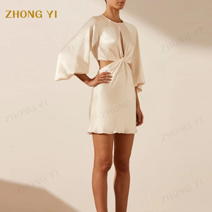 2024 femmes chaudes personnalisé été torsion avant découpé Mini robe O cou soyeux Satin ballon manches Non extensible tissé Mini jupe - Product Image 3
