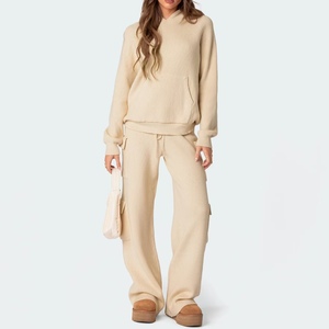 Nouveautés ensemble de pulls en tricot pour femmes couleur unie coupe ample à la mode à capuche anti-boulochage poche anti-boulochage pour femmes - Product Image 2