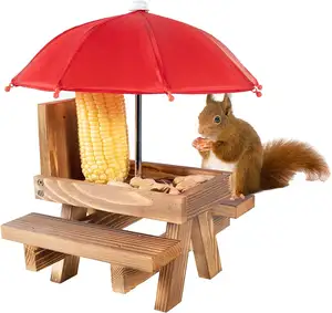 Carbonized Wood Squirrel Feeder with Umbrella Table Squirrel Feeder drilled to Tree for Squirrel and Chipmunk House