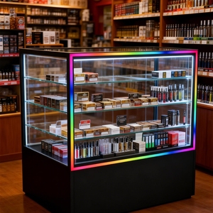 Vitrine <span class=keywords><strong>en</strong></span> verre pour présentoir personnalisé <span class=keywords><strong>en</strong></span> verre trempé avec éclairage LED couleur sur la base, idéal pour les produits de boutiques spécialisées - Product Image 3