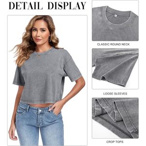 Camiseta Corta para Mujer, Estilo Acid Wash, Manga Corta, Cuello Redondo, Básica, Holgada, Verano, 100% Algodón Jersey - Product Image 4