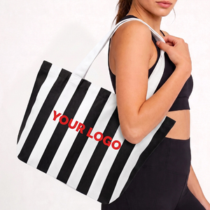 Sac fourre-tout rayé en toile rétro personnalisé pour femmes, grande capacité, sac à bandoulière en coton recyclable, sac de shopping pour les voyages et la salle de sport - Product Image 1