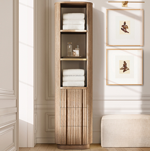 Mobile <span class=keywords><strong>bagno</strong></span> alto Sovereign in rovere, mobiletto porta biancheria scanalato per lussuoso <span class=keywords><strong>bagno</strong></span> con doccia, ripiano stretto per lavabo, mobiletto laterale - Product Image 1