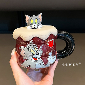 Taza de cerámica Oowov Tom y Jerry con tapa, diseño de dibujos animados, taza individual para café, té, regalo - Product Image 1