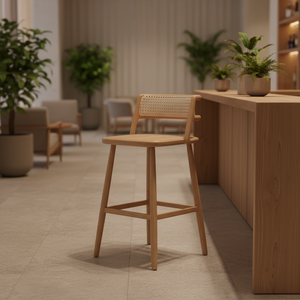 Tabouret <span class=keywords><strong>de</strong></span> <span class=keywords><strong>bar</strong></span> <span class=keywords><strong>scandinave</strong></span> Japandi en chêne massif avec assise en cannage, écologique, ergonomique, dossier bas, repose-pieds, pour la maison, la cuisine, l'hôtel - Product Image 1